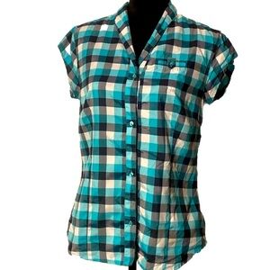 Merrell Shirt Opti-Wick Turquoise Plaid Shawl Collar Cap Sleeve Button Down M